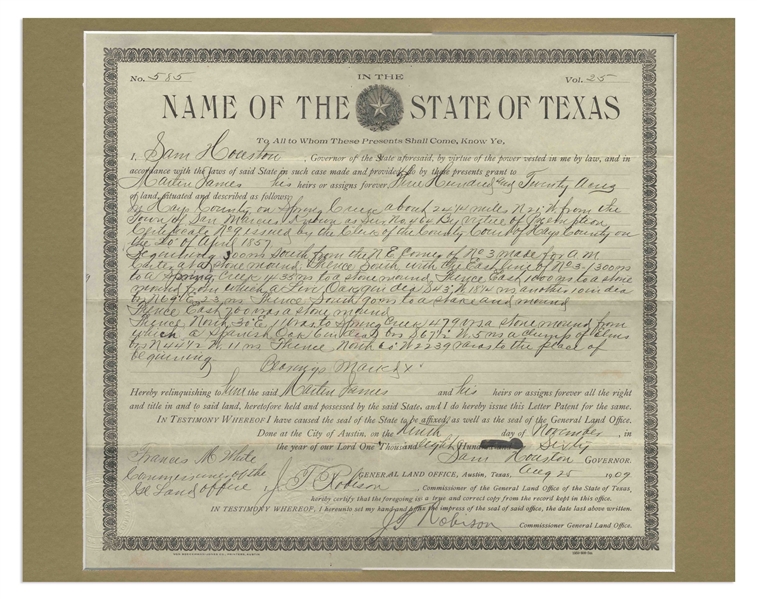 Sam Houston Signed Land Grant as Governor of Texas From 1860